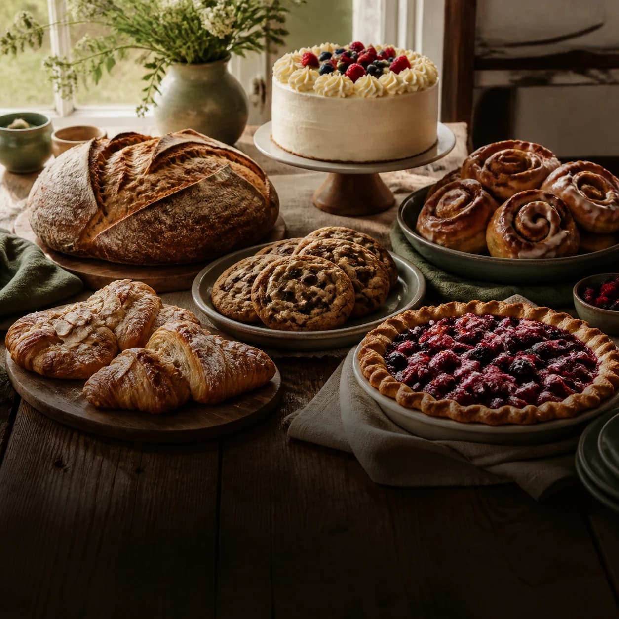 A table filled with artisan bread, cinnamon buns, cookies, pastries, pie, and cake