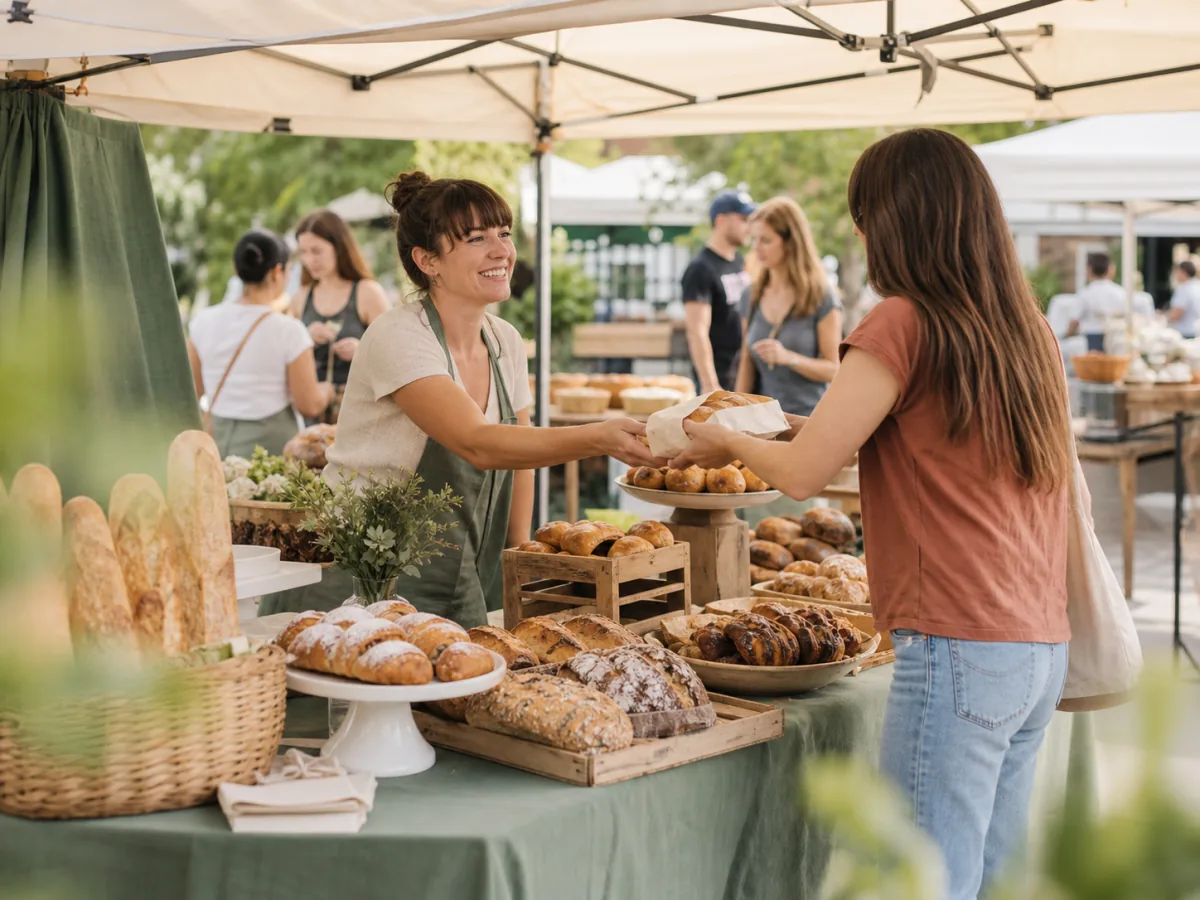 An independent baker serving a customer at a welcoming outdoor market stand.