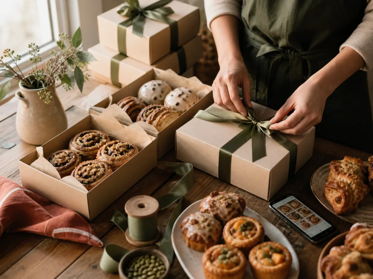 A baker preparing a coordinated collection of seasonal pastry boxes for a one-time preorder drop.