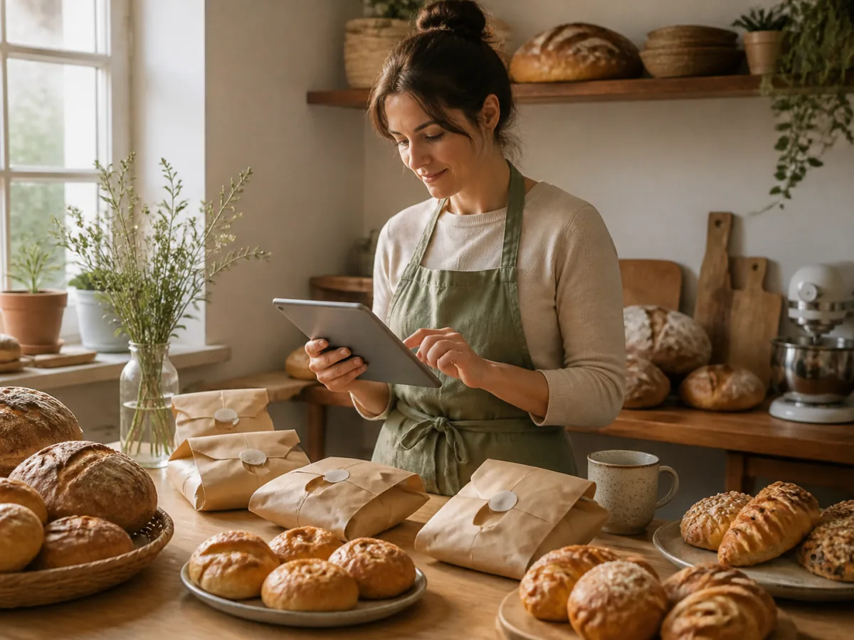 A baker reviewing everyday customer orders beside fresh bread and individually packed orders.